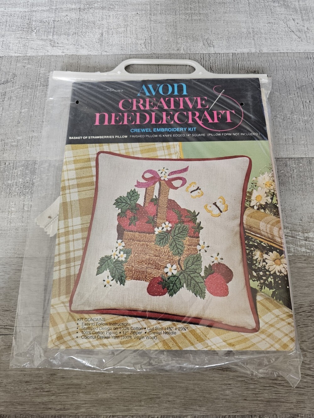 Basket of Strawberries Pillow Cover Crewel Embroidery Kit Avon 14" Vtg 243d